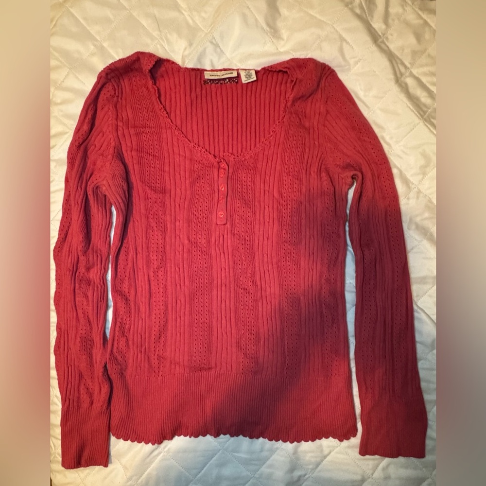 Dkny Pink Crew Neck Long Sleeve Ribbed Blouse